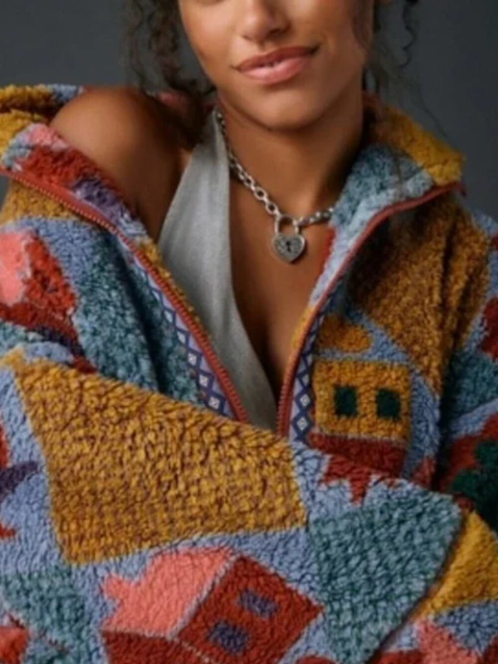 UO BDG Mae Printed Fleece Zip-up Teddy Jacket Large